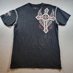 Raw State T-Shirt Mens XL Black Good Gothic Winged Cross Whipstitch Y2K